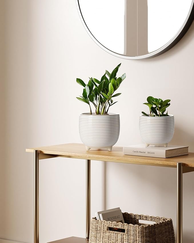 LE TAUCI Ceramic Plant Pots 5.1 + 6.4 Inch Footed Pots for Plants Modern Flower Pots for Home and Office Indoor Planters with Drainage Reactive Glaze White