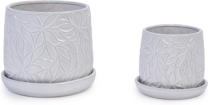Handmade White Glossy Ceramic Planter Set of 2 6 8 Diameter Leaf Pattern Design for Succulents and Herbs IndoorOutdoor Shelf Table Use Breathable Clay with Saucers