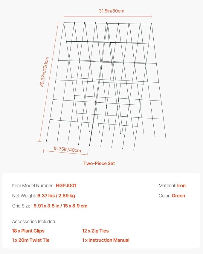 VEVOR Cucumber Trellis for Climbing Plants39 H x 32 W Foldable Cucumber Trellis Set with Twist Ties Metal Garden Trellis for Raised Bed Outdoor Plant Grow Support for Tomato Vegetable(2 Pack)