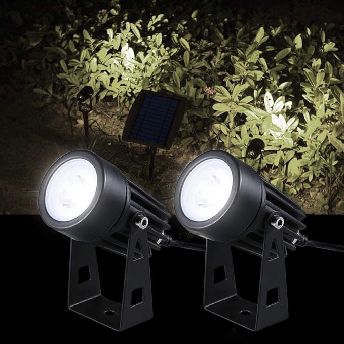 Solar Powered Dual Spotlights 2W 130LM with Adjustable 270° Light &amp Solar Panel 9.8ft Cable Length – IP65 Waterproof Outdoor Garden Lawn Landscape Lighting for Yard and Tree (White)