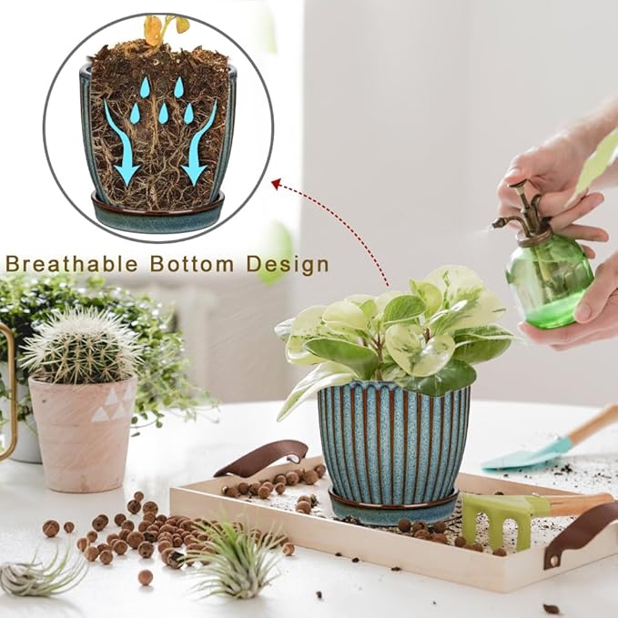 Oairse Ceramic Pots for Indoor Plants 4.9 +5.7 inch Pots for Plants Set of 2 Marble Blue Plant Pots with Drainage Holes and Saucers Texture Ceramic Planters Indoor Outdoor Flower Pots for Succulent