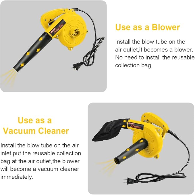Corded Electric Leaf Blower2 in 1 Small Handheld Lightweight Sweeper/Vacuum110V 400W Portbale Blower for Leaf/Snow/Dust Blowing (Yellow)