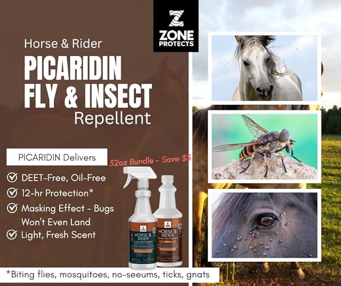 Horse &amp Rider Fly/Insect Repellent 32oz Trigger Sprayer Plus Refill Picaridin Based Fly Tick No-seeum and Mosquito. 12-hr Protection Against Biting Flies