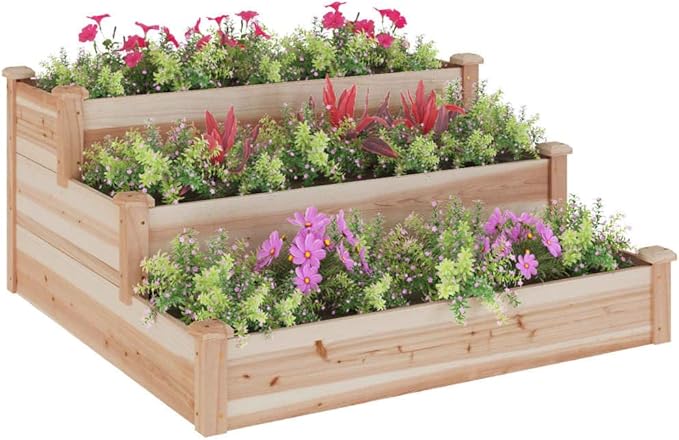 Garden Raised Bed Natural Solid Fir Wood Planter Box 47.2x47.2x22.0 inch Square Outdoor Planter for Vegetables Flowers Herbs