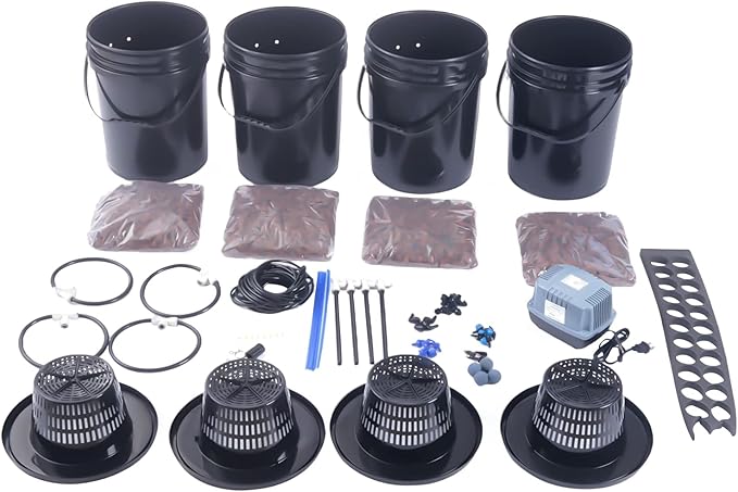 DWC Hydroponics Growing System 5-Gallon Deep Water Culture Recirculating Drip Garden System with Multi-Purpose Air Hose Air Pump and Air Stone (4 Bucket + Reservoir Kit)