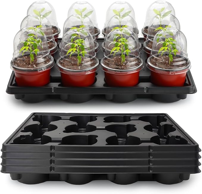 4 Inch 60 Pack Nursery Pots with Humidity Domes &amp 5 Pack 12 Cell Round Seedling Pot Carrying Trays Sturdy Seeds Starter Pot Germination Set Small Planter Nursery Propagation 5 Sets