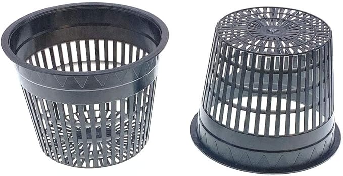 HORTIPOTS 5 Inch Net Pots Raised Center Bottom Mesh Side Wide Rim Round Cup with Free Reflective Top Lids for Hydroponics Systems (Pack of 10 Black)