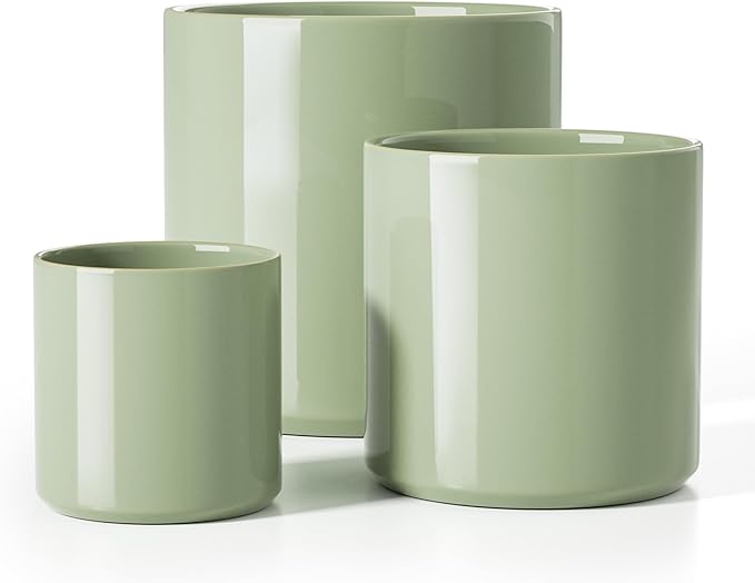 LE TAUCI Ceramic Pots for Plants 10/8/6 Inch Indoor Planters with Draiange Hole Silicone Plug &amp Mesh Pad Modern Minimalist Pots for Home Office Set of 3 Glossy Sage Green