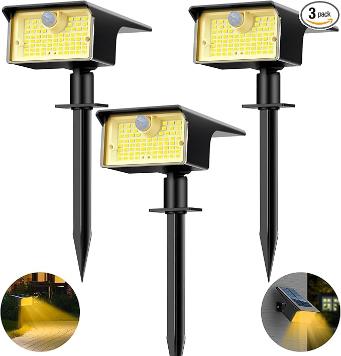 [3 Pack &amp 62LED]Solar Spot Lights Outdoor Motion Sensor 3 Modes Motion Sensor Outdoor Lights 2-in-1 Solar Landscape Spotlights LED Solar lights for Outside Yard Garden Wall Pathway WalkwayWarm W