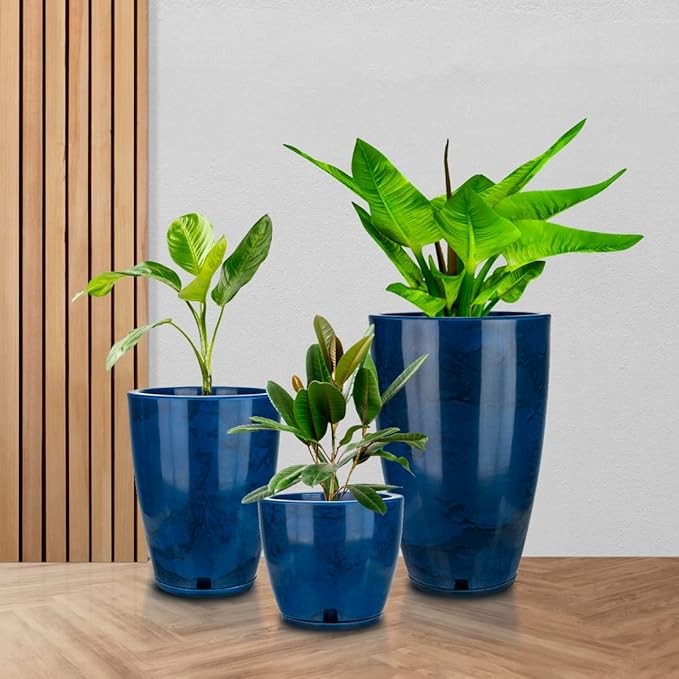 Floridis Planter Set of 3 Outdoor/Indoor Plastic Resin (Blue - Marble Effect)