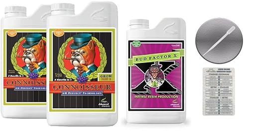 Advanced Nutrients Connoisseur Grow A and B 4 Liter &amp Bud Factor X 4 Liter Bundle with Conversion Chart and 3mL Pipette