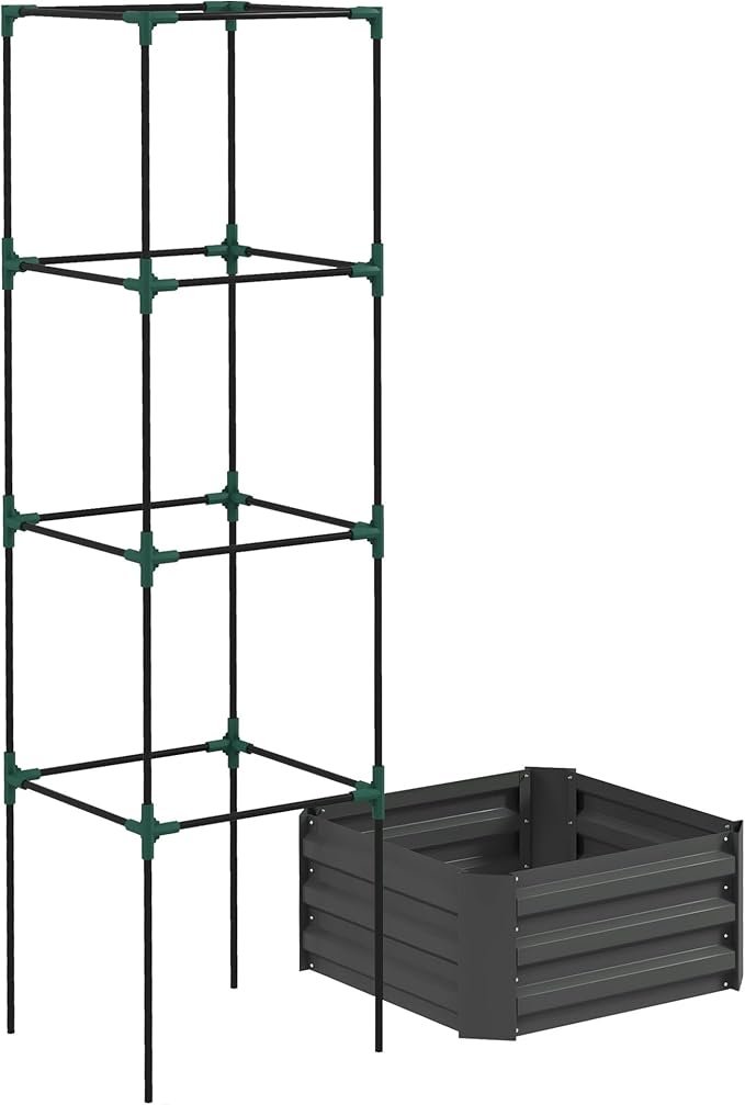 Galvanized Raised Garden Bed 24 x 24 x 11.75 Outdoor Planter Box with Trellis Tomato Cage and Open Bottom for Climbing Vines Vegetables Flowers in Backyard Garden Patio Gray
