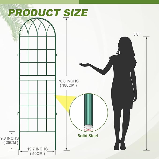 DoCred 4 Pack Garden Trellis for Climbing Plants 71 Inch Metal Plant Trellis for Plant Support Large Decorative Outdoor Trellis for Climbing Vegetable Flower Rose Vine Cucumber Green