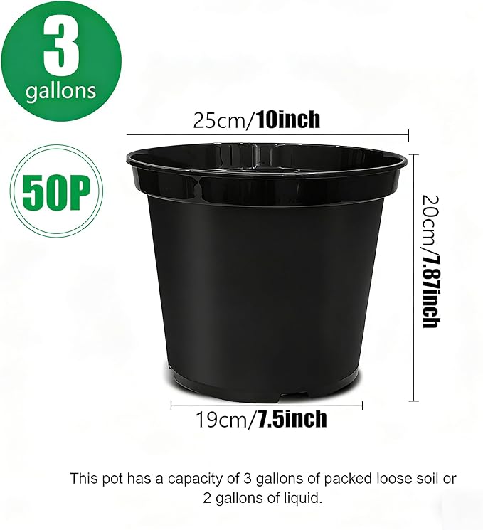 3 Gallon Plastic Nursery Pots 50 Pack 10 Inch Round Plant Pots with Drainage Holes Planting Pot for Outdoor Indoor Plants