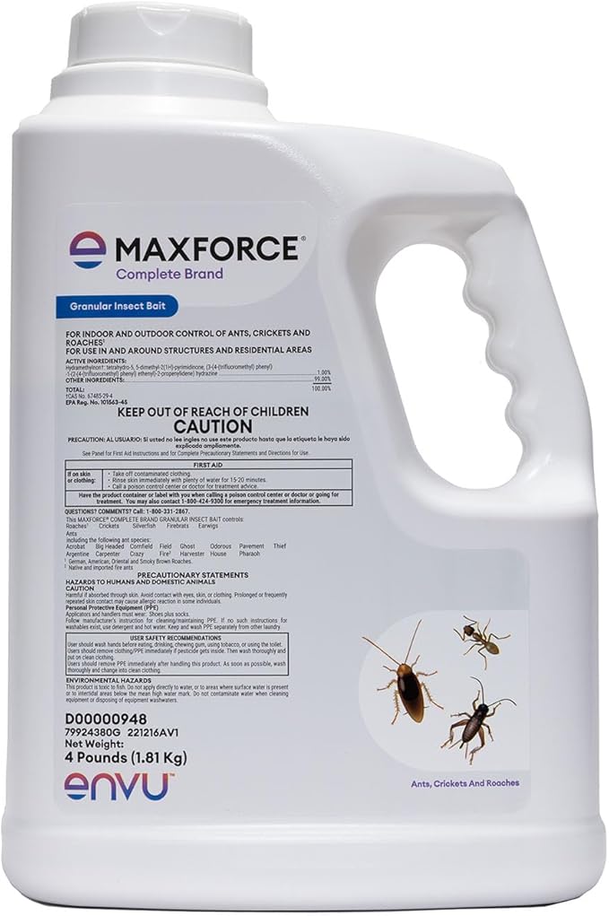 Maxforce Complete Granular Insect Bait 4 lb | for Indoor and Outdoor Perimeter Use | Delayed Kill for Colony Control | Effective Against Ants Roaches Silverfish Earwigs and Other Crawling Insects