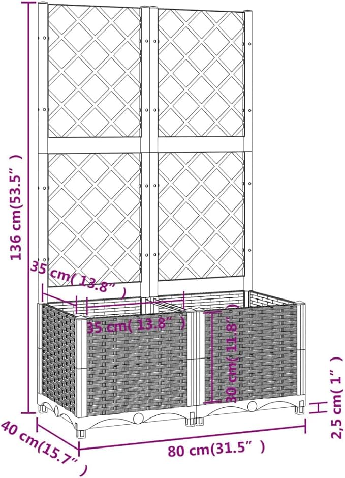 Matte Black Rectangular Garden Planter with Trellis 31.5x15.7x53.5 Durable Polypropylene Raised Bed for Patio Balcony Terrace Outdoor Use