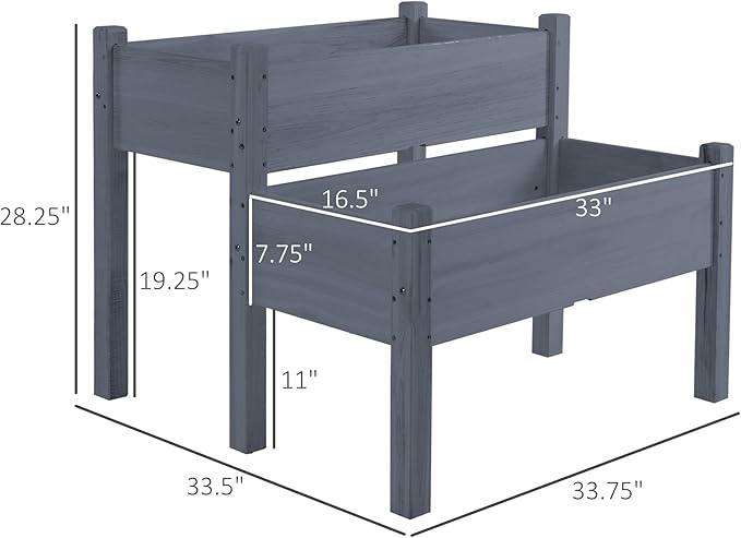 34x34x28 Raised Garden Bed 2 Tier Elevated Wood Planter Box for Backyard Patio to Grow Vegetables Herbs and Flowers Gray