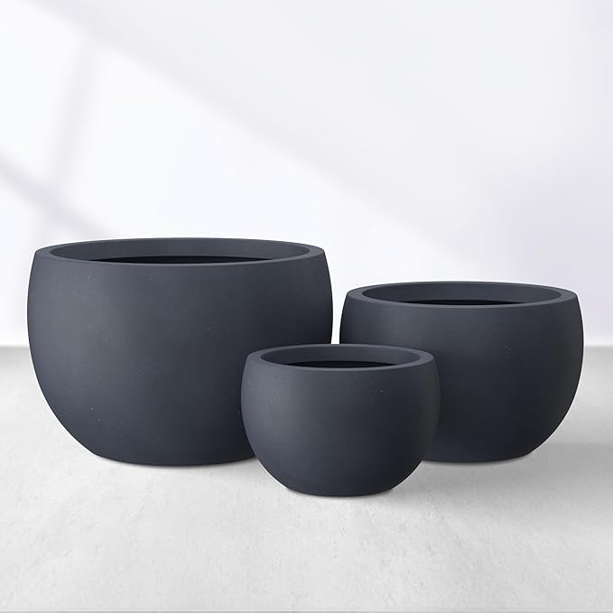 Kante 19.915.711.8 Dia Round Concrete Planter Set of 3 Outdoor/Indoor Large Bowl Plant Pots with Drainage Hole and Rubber Plug for Garden Patio Balcony Home Dark Gray
