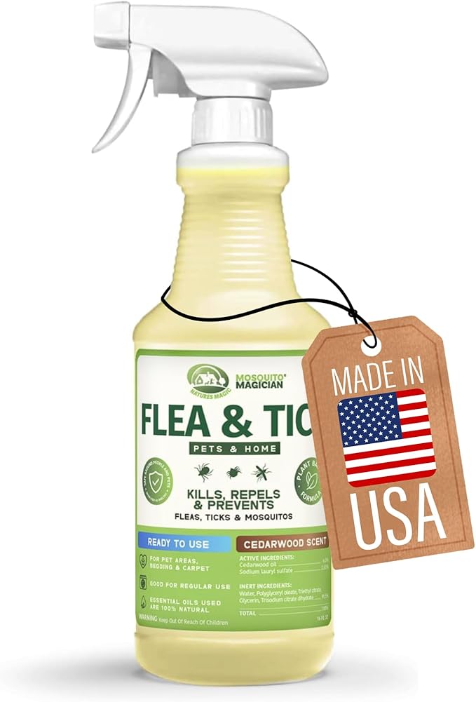 Mosquito Magician Indoor and Outdoor Flea &amp Tick Spray - Use for Carpet Furniture Bedding Couches &amp Pets – Plant-Sourced with Essential Oil – Cedarwood 16 OZ