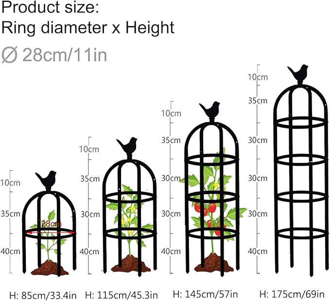 Garden Trellis for Climbing Plants Metal Obelisk Flowers Stand Tomato Cage Plant Support Metal Pipe for Vines Flower Climbing Rose Clematis Vegetable Tomato Trellis(Black28x145cm)