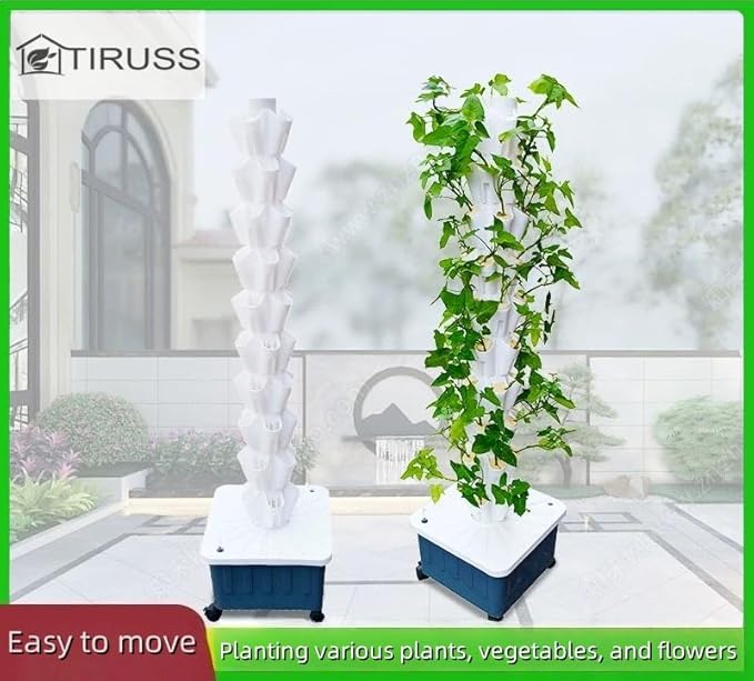 TIRUSSS Hydroponic Growing System Kit Aeroponic Tower 50 Hole Garden Vertical Vegetable Planting System with Pump and Mobile Water Tank