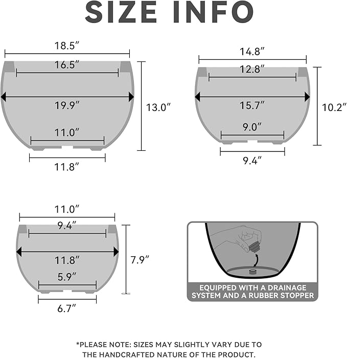 Kante 19.915.711.8 Dia Round Concrete Planter Set of 3 Outdoor/Indoor Large Bowl Plant Pots with Drainage Hole and Rubber Plug for Garden Patio Balcony Home Pure White