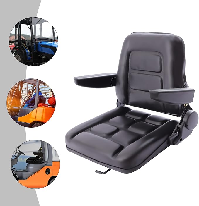 Universal Forklift Seat Foldable Tractor Seat with Armrests 35-175° Height &amp Angle Adjustable Lawn Mower Seat High Resilience Forklift Seat Black PVC Tractor Seat Heavy Mechanical Seat
