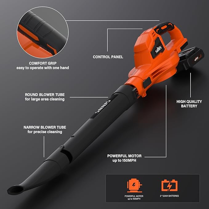 SOYUS Leaf Blower 20V Leaf Blower Cordless with 2x2.0Ah Battery and Charger 150 MPH Electric Leaf Blowers with Two-Speed Mode Blowers for Lawn Care Debris Dust Cleaning(Orange)