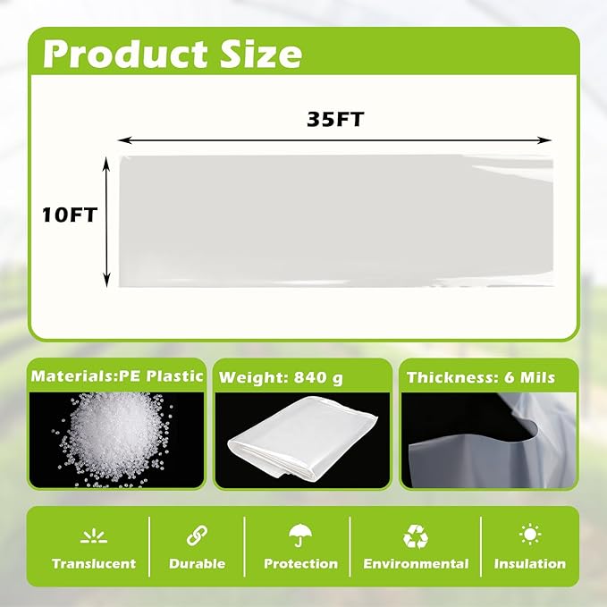 10 x 35FT Clear Greenhouse Plastic Sheeting 6 Mil UV Resistant Polyethylene Film for Plant Greenhouse Cover Heavy Duty Transparent Poly Tarp for Garden Farm (10 x 35FT)