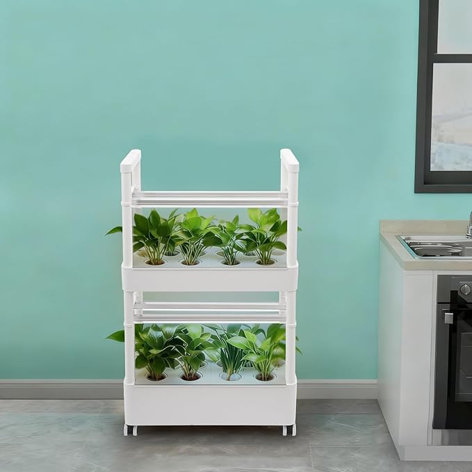 Hydroponics System with Grow Lights - 28 Hole Indoor Garden Kit 2-Tier All-in-One with Water Pump &amp Wheels for Offices Living Rooms Kitchens