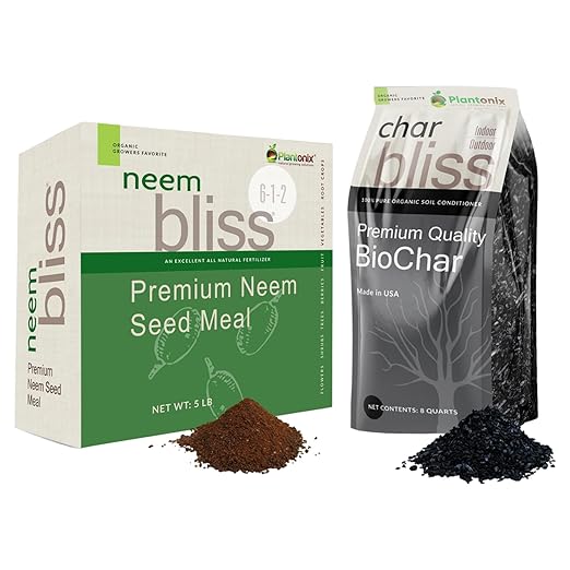 Neem Bliss (5lbs) + Char Bliss (8 Qts) - Neem Cake for Plants &amp Organic Biochar for Plants - Biochar Soil Amendment Charcoal for Plants - Neem Seed Meal - Neem Meal Fertilizer - Neem Powder for Pl