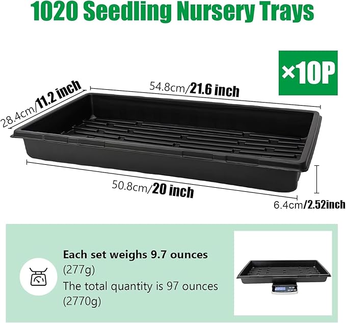 10 Pack 1020 Trays Extra Thick Heavy Duty Seed Starting Trays - No Holes No Leak Reusable Propagation Flats for Microgreens Seedlings Plant Germination Fodder and Transplant