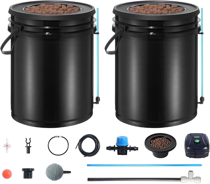 VEVOR DWC Hydroponics Grow System Hydroponic Growing System with Top Drip Kit Deep Water Culture 5-Gallon 2 Buckets with Air Pump Air Stones and Water Level Device for Leafy Vegetables