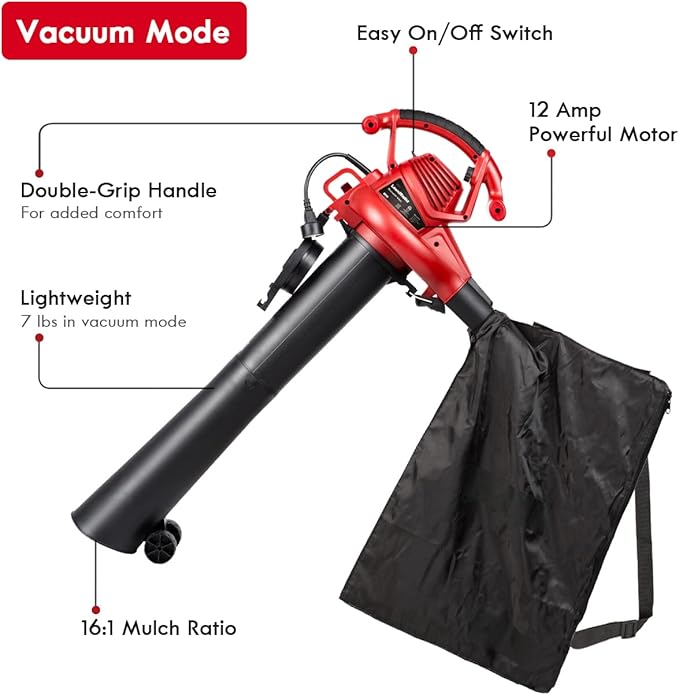 LawnMaster Red Edition BV1210E 1201 Electric Blower Vacuum Mulcher 12 Amp Variable Speed with Metal Impeller 240 MPH 380 CFM 16:1 Mulch Ratio