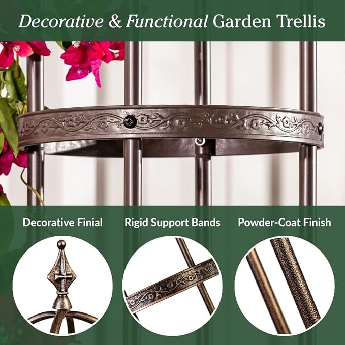 Plow &amp Hearth Metal Garden Obelisk | Indoor/Outdoor | Powder-Coated Steel | Trellis for Climbing | Floral Pattern | 11 Dia. x 7'H | Bronze