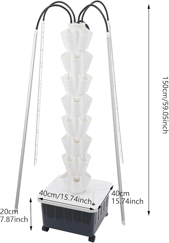 8 Tiers 40 Plant Hydroponic Growing Tower Indoor Garden Planter with LED Grow Light Vertical Smart Plants Germination Kit with Wheels and Timed Plug for Fruits Vegetables Herbs