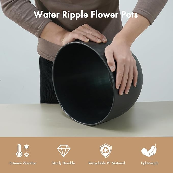 12 Inch Large Plant Pots for Indoor or Outdoor Plants Wide Water Ripples Flower Pots with Drainage Holes &amp Saucer Plastic Planters Set for Garden &amp Home Decor (Black)