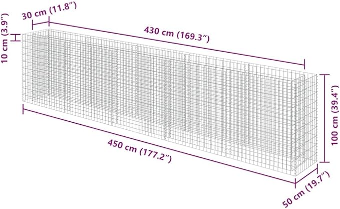 Gabion Raised Bed Silver Galvanized Steel 177.2x19.7x39.4 in Rectangular Planter for Outdoor Plants Durable Garden Bed