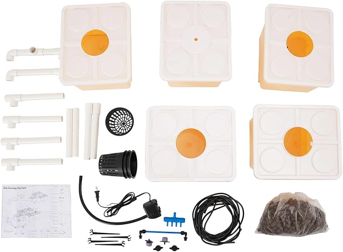 DWC Hydroponics Growing System 2.91Gal Deep Water Culture Hydroponic Buckets Kit 5 Bucket Recirculating Top Drip Kit with Submerged Pump &amp Hose for Herbs/Tomato/Vegetables