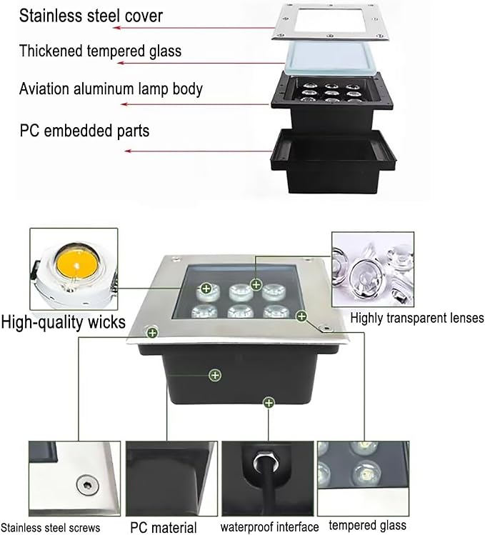 LED Landscape Lights - Outdoor Buried LightsSquare Ultra-Thin Spotlight IP66 Waterproof Embedded Underground Light for Pathway Walkway Deck Yard Floor LampWarm White-16W