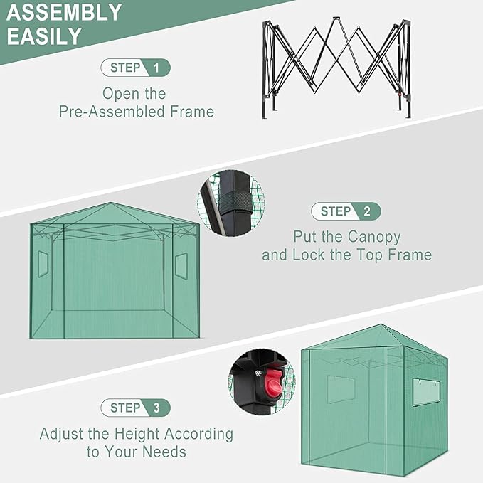 PexFix 8'x 8' Portable Walk-in Greenhouse for Outdoor &amp Indoor Easy to Assemble Pop up Grow Greenhouses with Sturdy PE Cover and Roll-Up Windows &amp Door for Flowers Fruits Herbs Growing