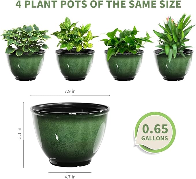 8 Inch Plastic Plant Pots Set of 4 Flower Pots Planters with Drainage Hole Glossy Smooth Finish Planter for Indoor Outdoor Succulent Snake Plants (Green)