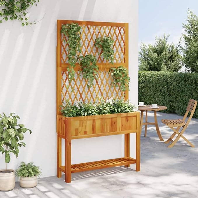 Garden Planter with Trellis and Shelf Outdoor Raised Garden Bed Planter with Trellis Flower Standing Planter Box 39.4x12.6x72.8 Solid Wood Acacia-132