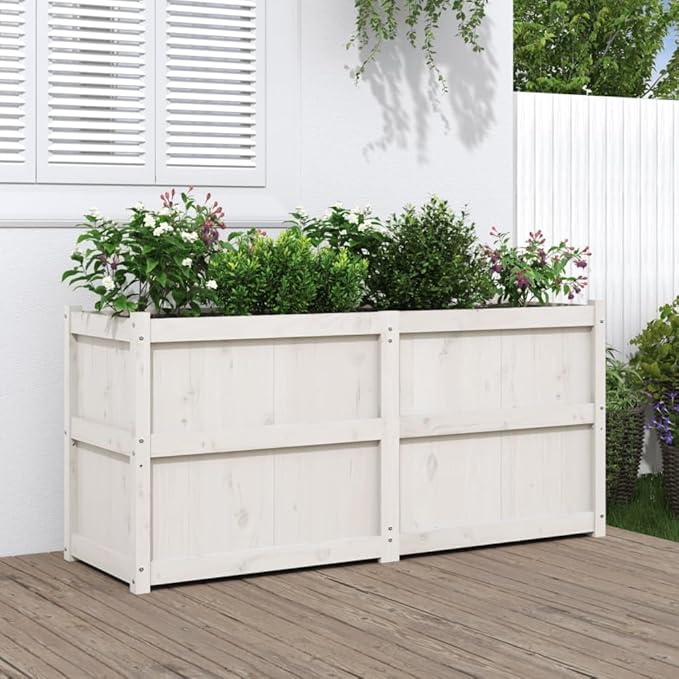 White Solid Pine Wood Garden Planter 59.1x19.7x27.6 inch Durable Rectangular Raised Garden Bed for Outdoor Plants Balcony Patio