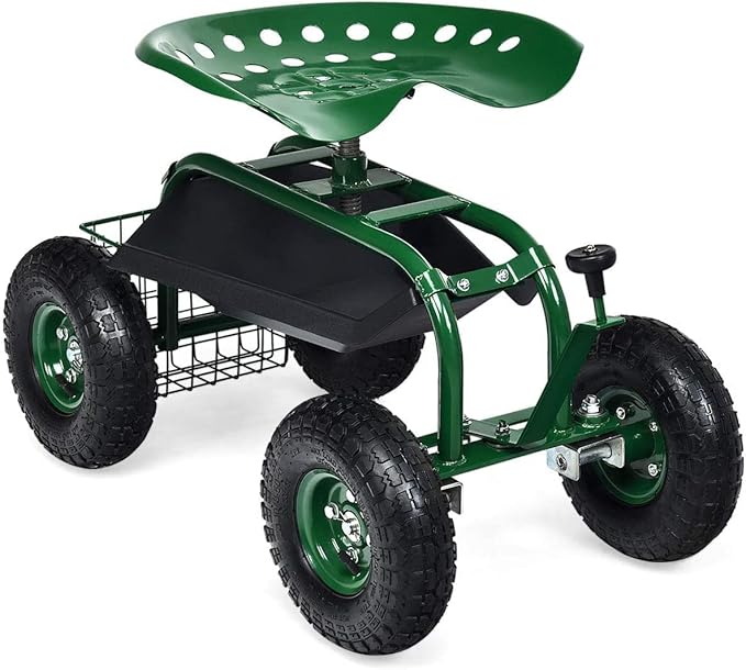 GRAFFY Garden Cart w/Wheels Mobile Rolling Work Seat w/Tool Tray and Basket Lawn Wagon Cart with Rotating and Adjustable Seat Patio Yard Stool Cart Green