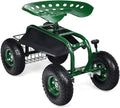 GRAFFY Garden Cart w/Wheels Mobile Rolling Work Seat w/Tool Tray and Basket Lawn Wagon Cart with Rotating and Adjustable Seat Patio Yard Stool Cart Green