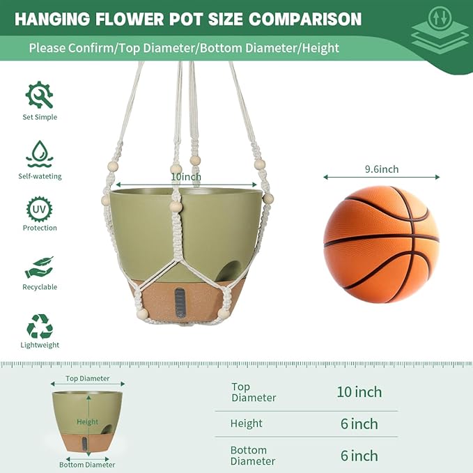 Self-Watering Hanging Planters for Indoor Plants Set 2-Piece Includes Plant Hanging Pot Drainage-Hole Hanging Pot and Hanging Basket Rack (10 Inches Green)