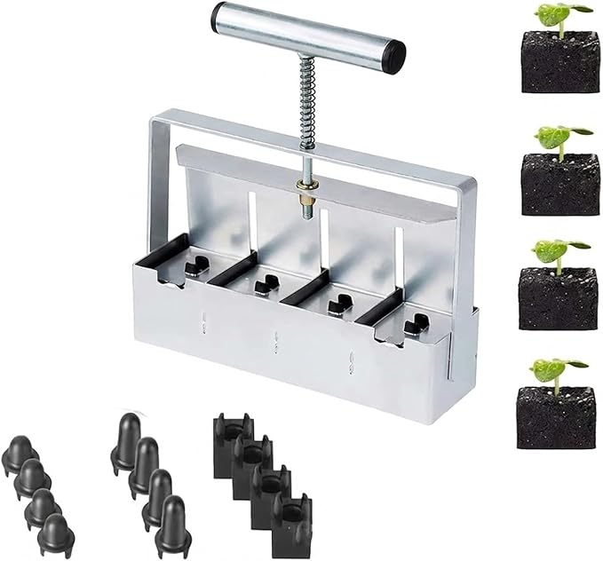 Soil Blocker 4 Cell 2 Inch – Heavy Duty Stainless Steel Soil Block Maker with Ergonomic Handle &amp 3 Size Seed Pins – Handheld Soil Blocker for Seed Starting Greenhouse Garden Tools