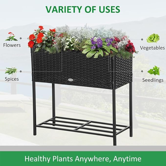 Outsunny Raised Garden Bed Elevated Planter Box with Rattan Wicker Look Tool Storage Shelf Portable Design for Herbs Vegetables Flowers Black