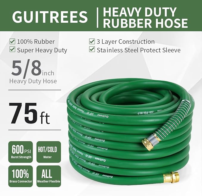 75FT 5/8 Heavy Duty Rubber Garden Hose - 300psi Working 1000psi Burst - Hot/Cold Water - Five-Layered Braiding for Durability - Versatile for Gardening Agriculture Construction(Green)